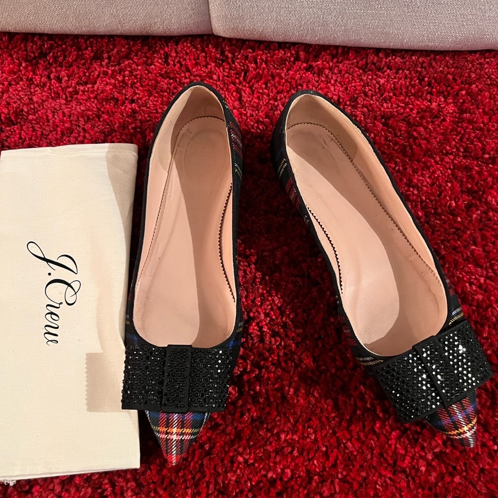 J. Crew Crystal Bow Pointy Plaid Flat